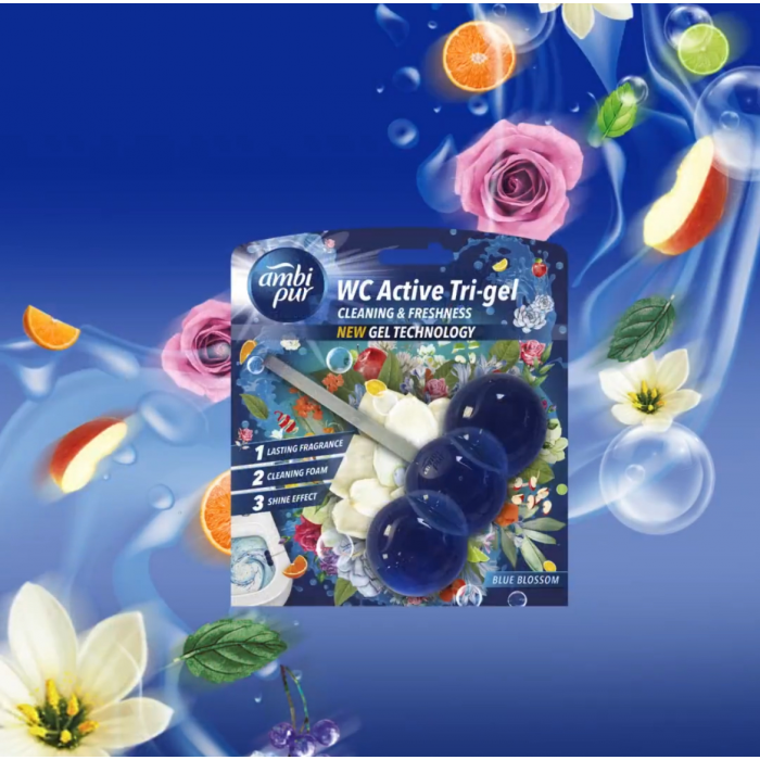 Гелевий підвісний блок для туалету Ambi Pur WC Active Tri-gel Блакитні квіти, 45 г (1-833321) - 